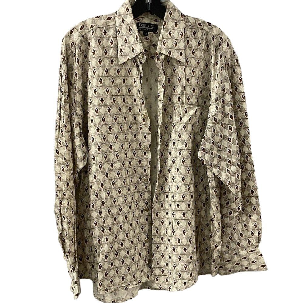 Vintage Bernini Beverly Hills Mens Silk Diamond Shirt M Made Italy Brown Beige